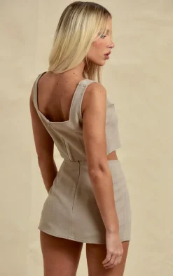 Hot PrettyLittleThing Woven Square Neck Corset Top Oatmeal