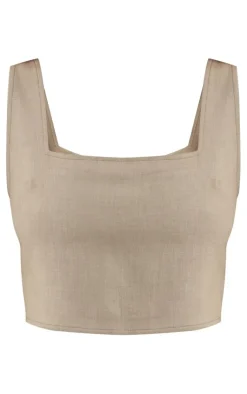 Hot PrettyLittleThing Woven Square Neck Corset Top Oatmeal