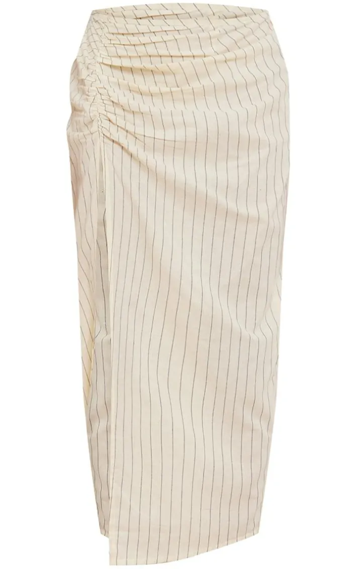 Off White Cotton Pinstripe Ruched Thigh Midi Skirt