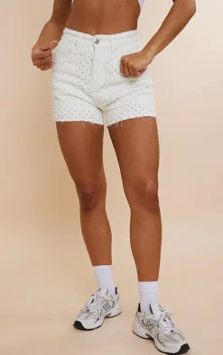 PrettyLittleThing Textured Denim Shorts Off White