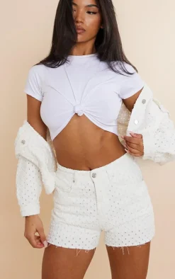 PrettyLittleThing Textured Denim Shorts Off White