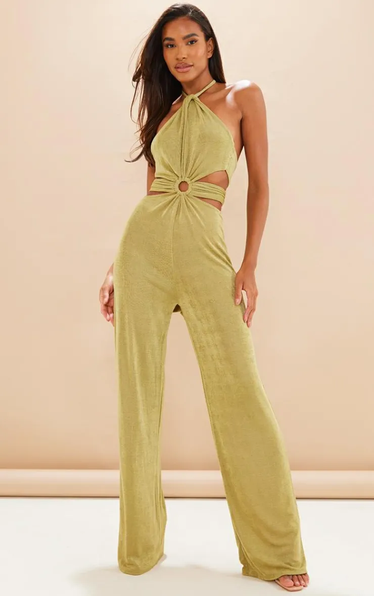 Acetate Slinky Ring Detail Cut Out Halter Jumpsuit-PrettyLittleThing Online