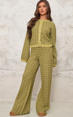 Hot PrettyLittleThing Boucle Knit Wide Leg Pants Olive