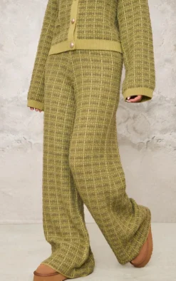 Hot PrettyLittleThing Boucle Knit Wide Leg Pants Olive