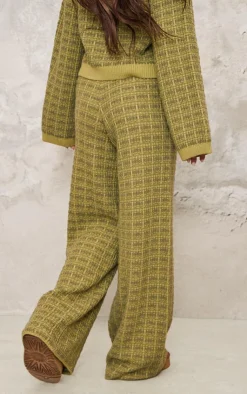 Hot PrettyLittleThing Boucle Knit Wide Leg Pants Olive