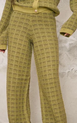 Hot PrettyLittleThing Boucle Knit Wide Leg Pants Olive