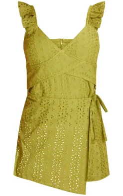 Olive Broiderie Frill Strappy Wrap Skort Romper