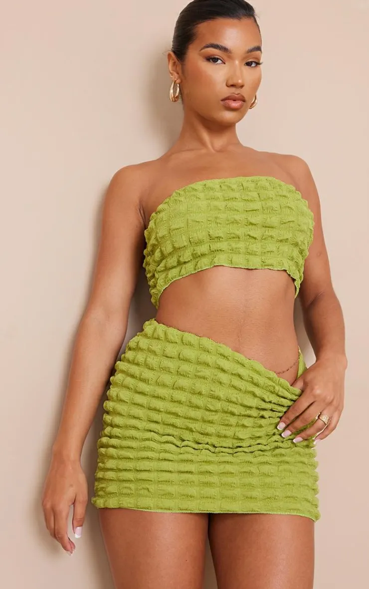 Outlet PrettyLittleThing Bubble Textured Bandeau Crop Top Olive