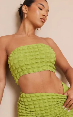 Outlet PrettyLittleThing Bubble Textured Bandeau Crop Top Olive