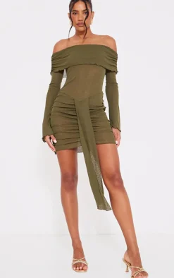 Burnout Mesh Long Sleeve Bardot Ruched Bodycon Dress-PrettyLittleThing Online