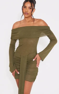 Burnout Mesh Long Sleeve Bardot Ruched Bodycon Dress-PrettyLittleThing Online