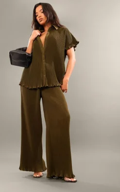 Hot PrettyLittleThing Chiffon Plisse Oversized Wide Leg Pants Olive