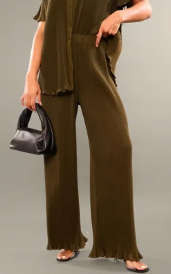 Hot PrettyLittleThing Chiffon Plisse Oversized Wide Leg Pants Olive
