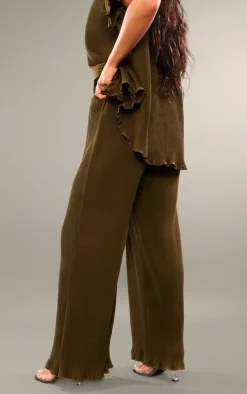 Hot PrettyLittleThing Chiffon Plisse Oversized Wide Leg Pants Olive