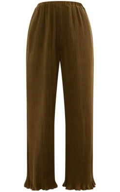 Hot PrettyLittleThing Chiffon Plisse Oversized Wide Leg Pants Olive