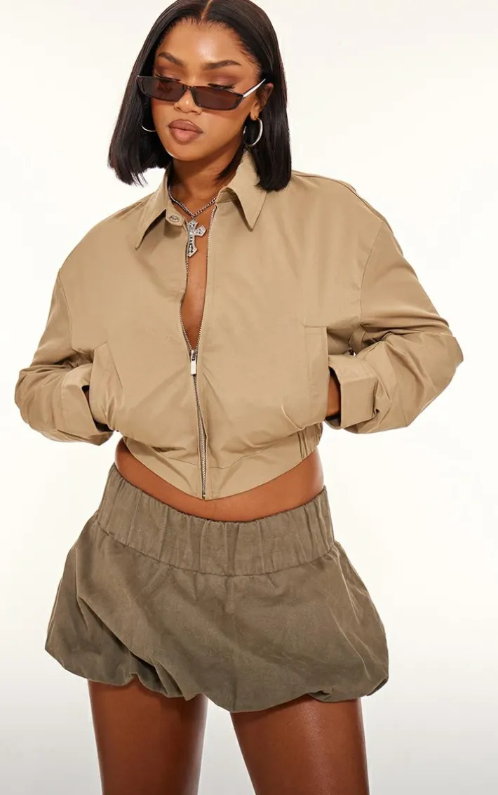 Olive Cotton Canvas Collar Detail Zip Up Jacket