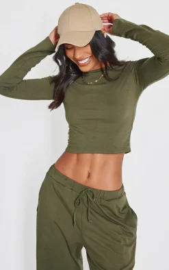 PrettyLittleThing Cotton Jersey Long Sleeve Crew Neck Top Olive