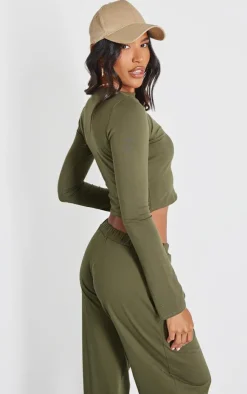 PrettyLittleThing Cotton Jersey Long Sleeve Crew Neck Top Olive