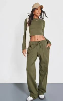 PrettyLittleThing Cotton Jersey Long Sleeve Crew Neck Top Olive