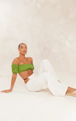 Olive Cotton Shirred Puff Sleeve Crop Top
