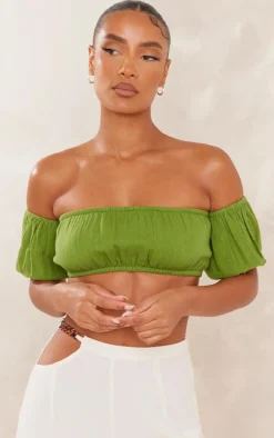 Olive Cotton Shirred Puff Sleeve Crop Top