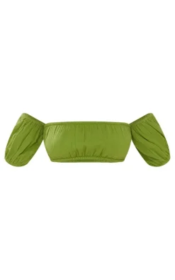 Olive Cotton Shirred Puff Sleeve Crop Top