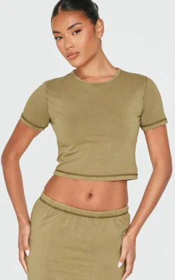 Sale PrettyLittleThing Cotton Washed Crop Top Olive