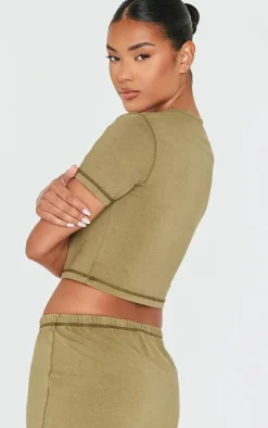 Sale PrettyLittleThing Cotton Washed Crop Top Olive