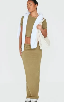Sale PrettyLittleThing Cotton Washed Crop Top Olive