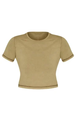 Sale PrettyLittleThing Cotton Washed Crop Top Olive