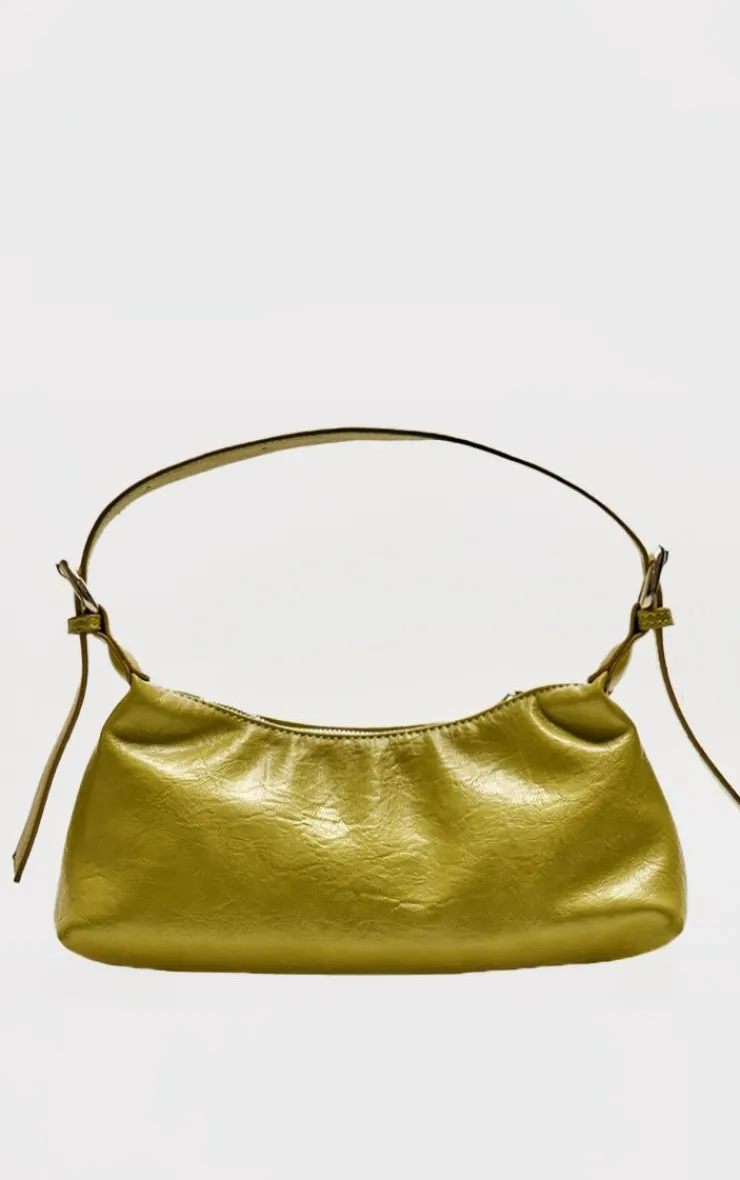 PrettyLittleThing Shoulder Bags*Olive Crinkle PU Buckle Detail Shoulder Bag