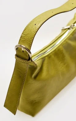PrettyLittleThing Shoulder Bags*Olive Crinkle PU Buckle Detail Shoulder Bag
