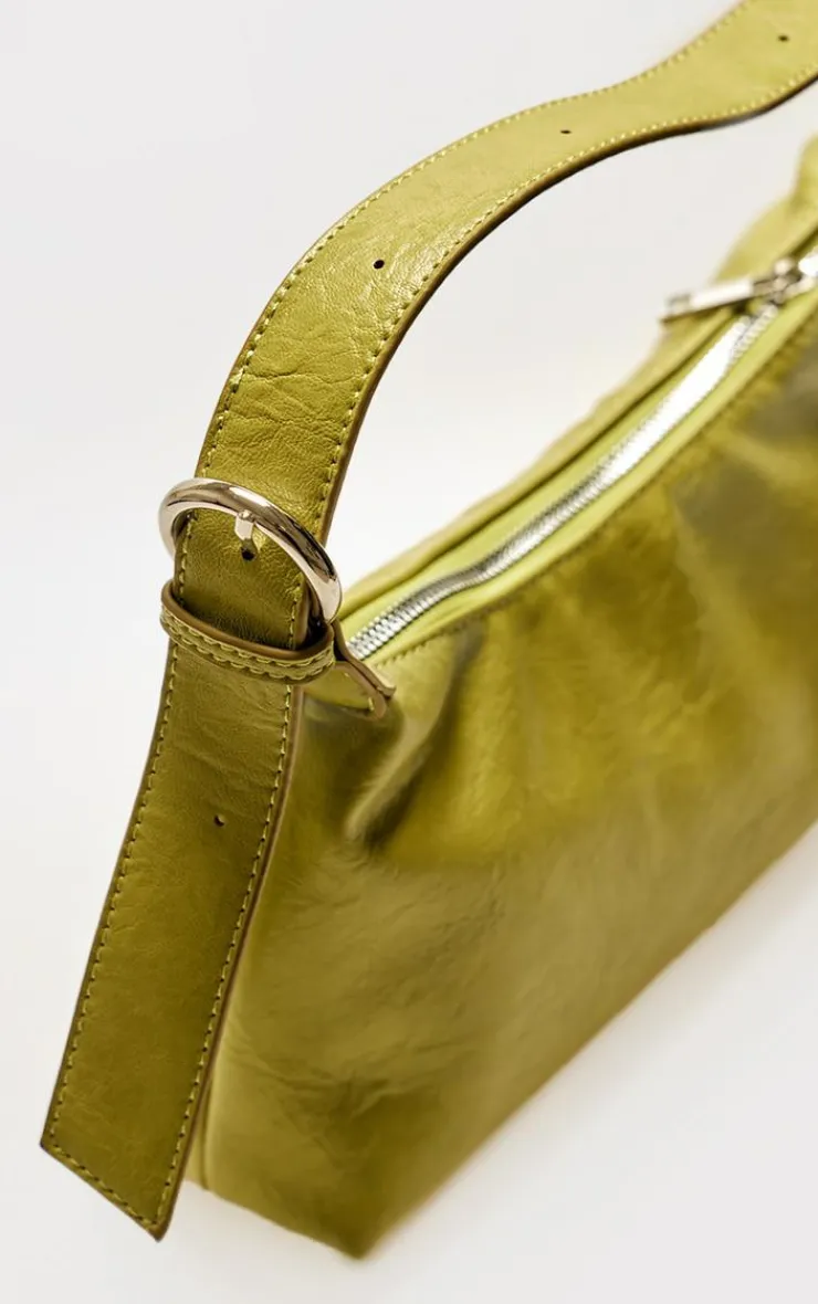 PrettyLittleThing Shoulder Bags*Olive Crinkle PU Buckle Detail Shoulder Bag
