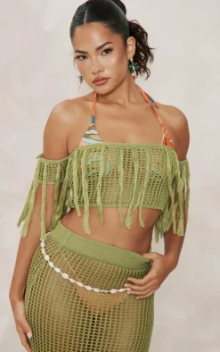PrettyLittleThing Crochet Open Knit Bardot Tassel Top Olive
