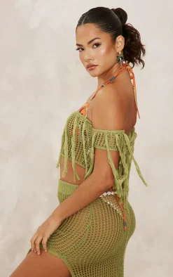 PrettyLittleThing Crochet Open Knit Bardot Tassel Top Olive