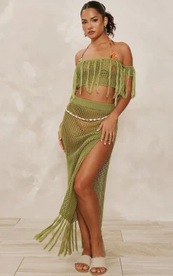 PrettyLittleThing Crochet Open Knit Bardot Tassel Top Olive