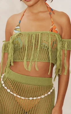 PrettyLittleThing Crochet Open Knit Bardot Tassel Top Olive
