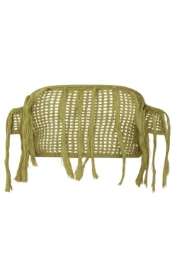 PrettyLittleThing Crochet Open Knit Bardot Tassel Top Olive