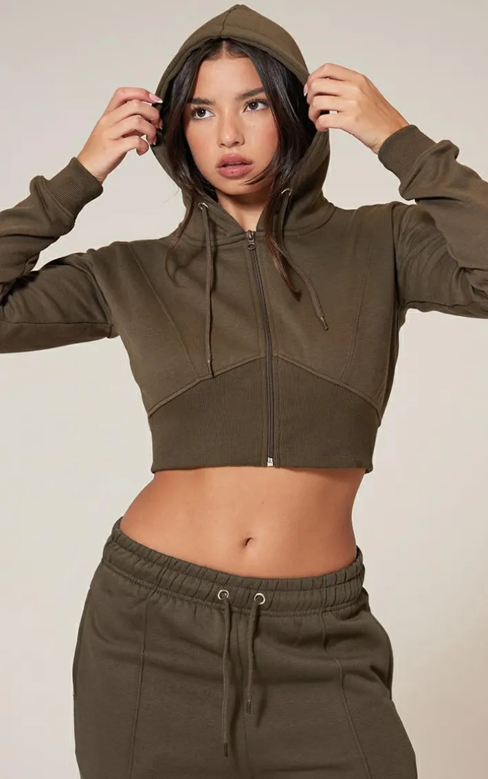 Olive Cropped Seam Detail Hoodie