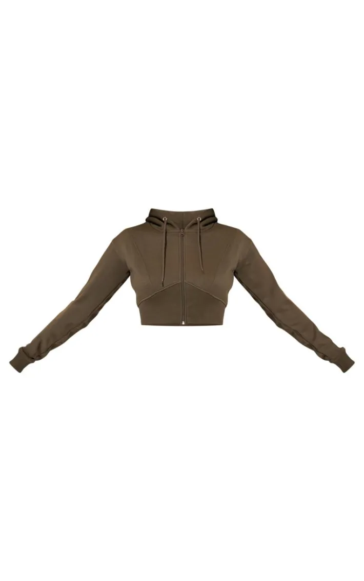Olive Cropped Seam Detail Hoodie