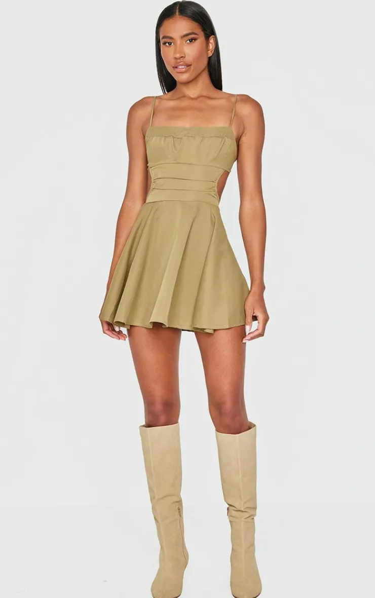 Olive Cut Out Tie Back Shift Dress-PrettyLittleThing