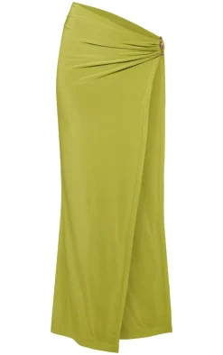PrettyLittleThing Double Layer Slinky Ruched Asymmetrical Maxi Skirt Olive