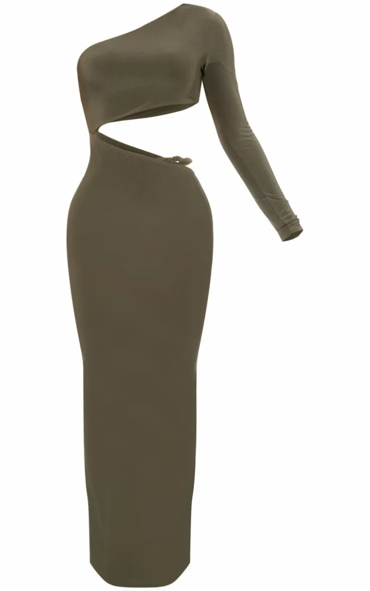 Olive Double Layer Soft Touch One Sleeve Cut Out Dress-PrettyLittleThing Outlet