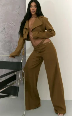 Sale PrettyLittleThing Eyelet Detail Cut Out Waist Straight Leg Pants Olive