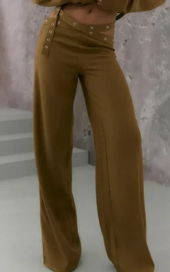 Sale PrettyLittleThing Eyelet Detail Cut Out Waist Straight Leg Pants Olive