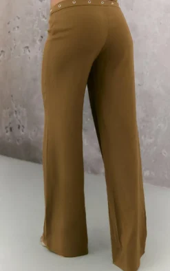 Sale PrettyLittleThing Eyelet Detail Cut Out Waist Straight Leg Pants Olive