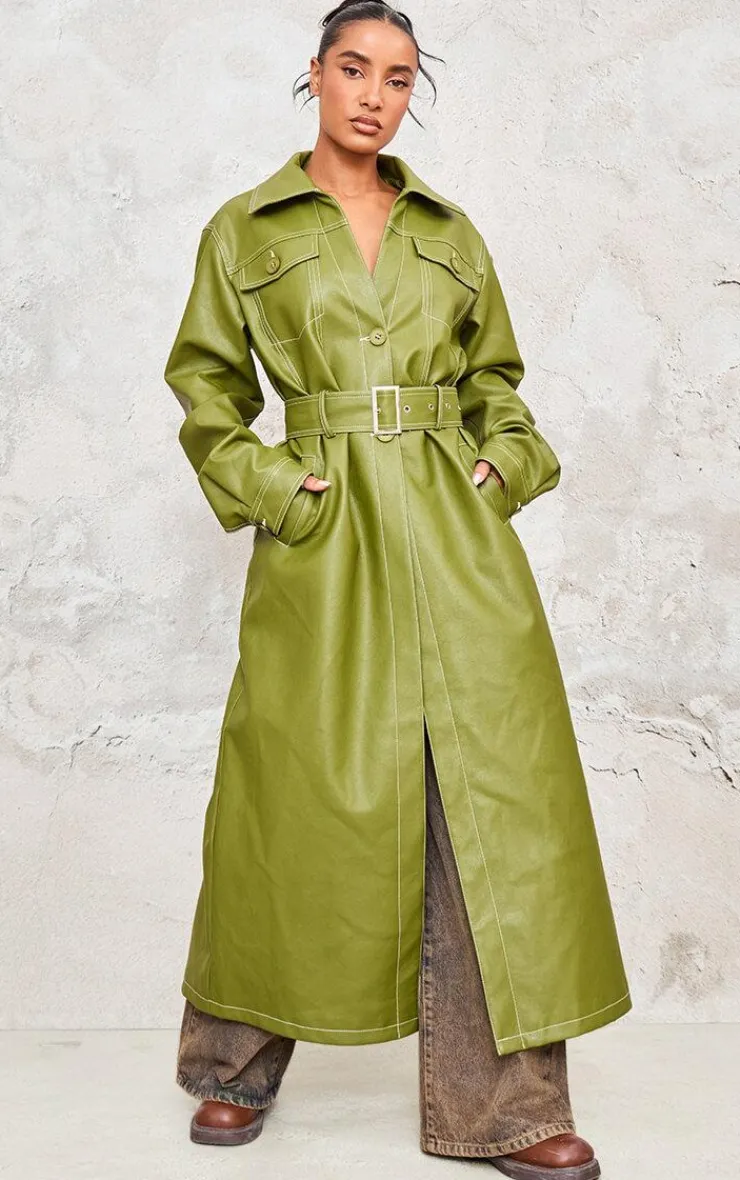 PrettyLittleThing Trench Coats*Faux Leather Contrast Stitch Split Hem Trench Coat
