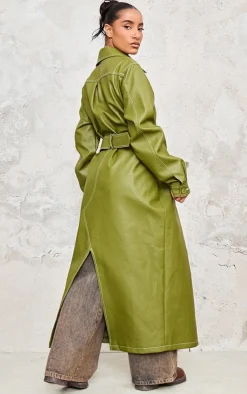 PrettyLittleThing Trench Coats*Faux Leather Contrast Stitch Split Hem Trench Coat