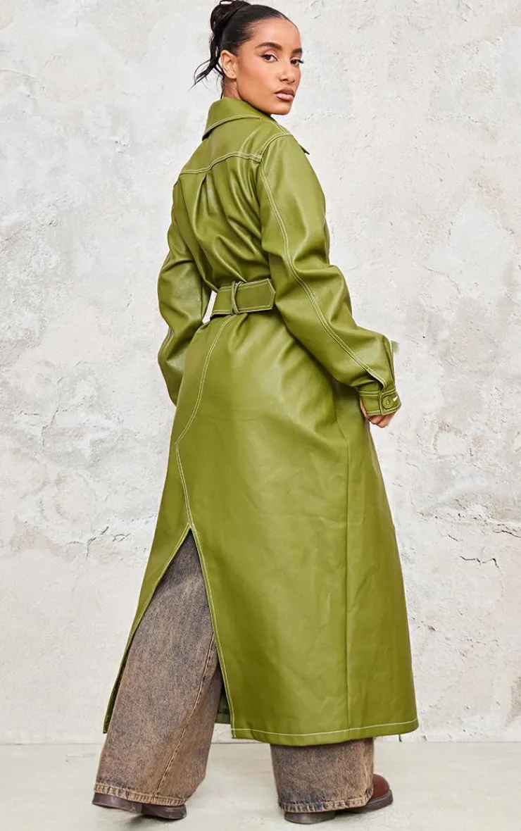 PrettyLittleThing Trench Coats*Faux Leather Contrast Stitch Split Hem Trench Coat