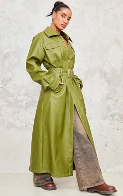 PrettyLittleThing Trench Coats*Faux Leather Contrast Stitch Split Hem Trench Coat